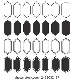 Formas de marco de Ramadán establecidas. Diseño de ventana india. Arco islámico turco con adorno. Iconos vectoriales de la puerta arabesca. Elementos de arquitectura musulmana oriental. Siluetas de etiquetas adhesivas. Signos tradicionales