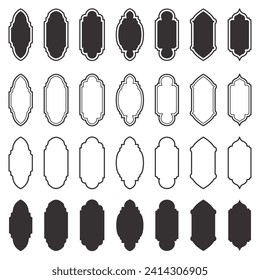 Formas de marco de Ramadán establecidas. Diseño de ventana india. Arco islámico turco con adorno. Iconos vectoriales de la puerta arabesca. Elementos de arquitectura musulmana oriental. Siluetas de etiquetas adhesivas. Signos tradicionales