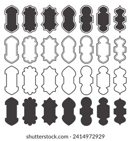 Ramadan frame shapes set. Indian window design. Turkish Islamic arch with ornament. Vector arabesque door icons. Muslim oriental architecture elements. Label sticker silhouettes. Traditional signs
