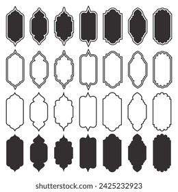 Ramadan frame shapes set. Indian window design. Turkish Islamic arch with ornament. Vector arabesque door icons. Muslim oriental architecture elements. Label sticker silhouettes. Traditional signs