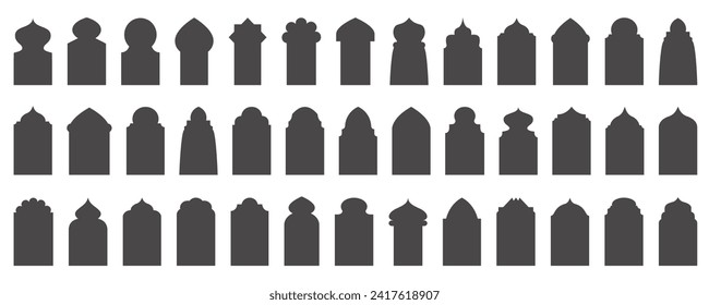 Ramadan frame shapes set. Vector door and windows arch with Islamic design. Muslin oriental gate. Indian vintage arcs with traditional ornament. Architecture elements and stickers.