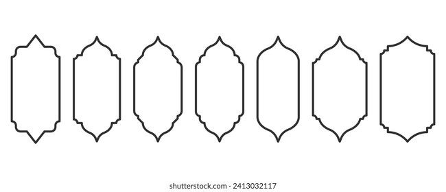 Ramadan frame shapes. Window Arabic arc outline elements. Door design with Turkish ornament. Muslim oriental sticker template. Traditional decoration set for banner and badge