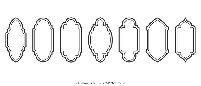 Ramadan frame shapes. Window Arabic arc outline elements. Door design with Turkish ornament. Muslim oriental sticker template. Traditional decoration set for banner and badge