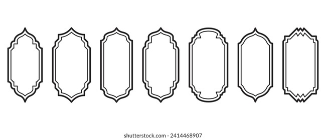 Ramadan frame shapes. Window Arabic arc outline elements. Door design with Turkish ornament. Muslim oriental sticker template. Traditional decoration set for banner and badge
