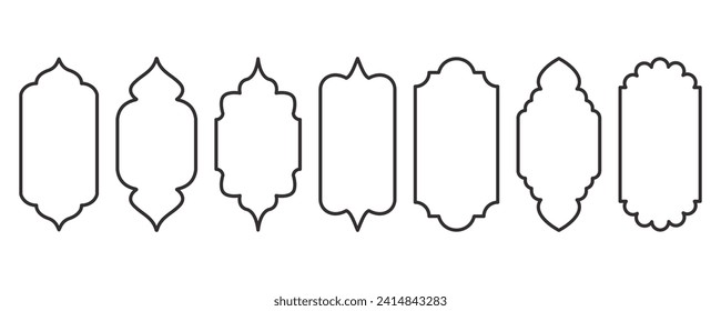 Ramadan-Rahmenformen. Umrisselemente des arabischen Fensters. Türgestaltung mit türkischem Dekor. muslimische orientalische Aufklebervorlage. Traditionelles Dekor für Banner und Plakate