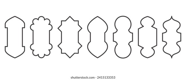 Ramadan frame shapes. Window Arabic arc outline elements. Door design with Turkish ornament. Muslim oriental sticker template. Traditional decoration set for banner and badge