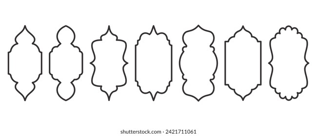 Ramadan frame shapes. Window Arabic arc outline elements. Door design with Turkish ornament. Muslim oriental sticker template. Traditional decoration set for banner and badge