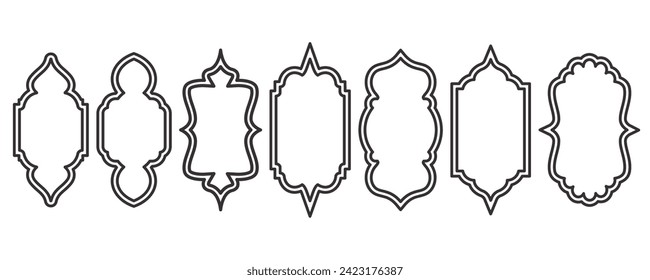 Ramadan-Rahmenformen. Umrisselemente des arabischen Fensters. Türgestaltung mit türkischem Dekor. muslimische orientalische Aufklebervorlage. Traditionelles Dekor für Banner und Plakate