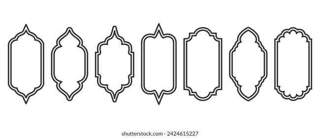Ramadan frame shapes. Window Arabic arc outline elements. Door design with Turkish ornament. Muslim oriental sticker template. Traditional decoration set for banner and badge