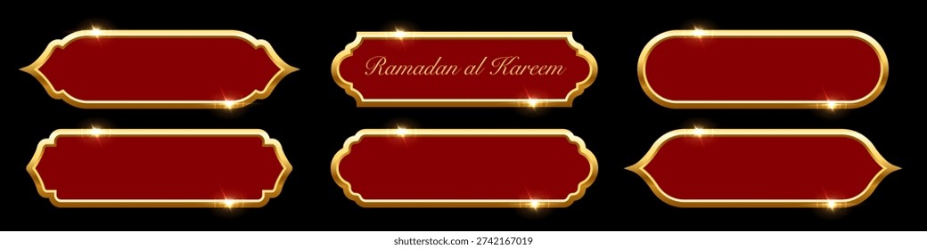 Ramadan frames. Islamic frames with gold borders shown as red decorative labels in traditional Arabian shapes. Set of banners for Ramadhan and oriental festive design. Luxury vector illustration.