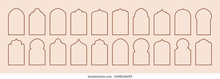 Ramadan Frames Set. Vector Islam Shapes Elements. Arabic Arch, Door and Windows In Minimal Outline Style for Labels, Logo, Banner Templates.