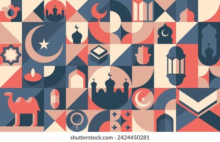 Ramadan geometric Islam pattern or modern Muslim background, abstract vector. Mosque, Arabian lantern lamp and crescent moon in geometric pattern of Bauhaus style for Ramadan Kareem or Eid Mubarak