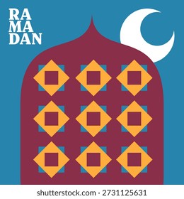 Ramadan Geometric Mosque Facade with Crescent Moon and Bold Decorative Pattern on Blue Background.