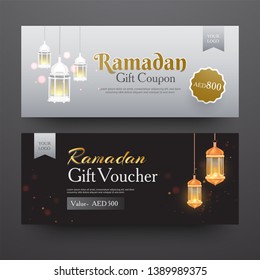 Cupón de regalo de Ramadán o distribución de cupones con diferentes ofertas de descuento en dos opciones de color.