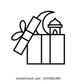 Ramadan gift icon with box, moon and minaret in black outline style