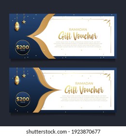 Ramadan Gift Voucher With Golden Style. Ramadan Greeting Card Or Banner Promotion Design Template.