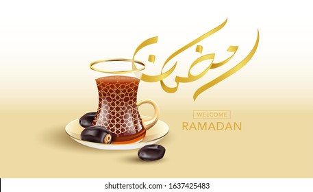 Ramadan gold calligraphy with arabic tea and dates fruit meaning is welcome to Ramadan festival. All element split of layer.