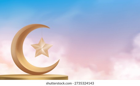 Ramadan Gold Crescent moon on pastel sky, clouds.Islamic lanterna estrela dourada Elegant Eid celebração, Eid Mubarak banner, Ramadan Kareem festival, Religião muçulmana, Fundo vetorial
