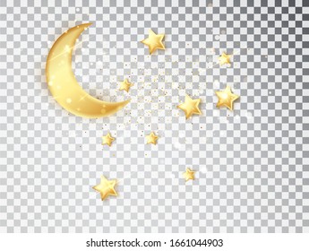 Ramadan gold decoration isolated on white background. Hanging Crescent Islamic with stars. Ramadan Kareem design element isolated. Vector frame for party posters, headers, banners.