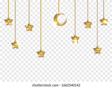 Ramadan gold decoration isolated on white background. Hanging Crescent Islamic with stars. Ramadan Kareem design element isolated. Vector frame for party posters, headers, banners