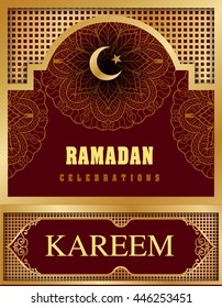 Ramadan gold frame and pattern background line mandala design. corner and lebel text design golden