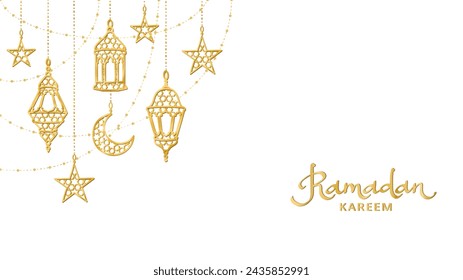 Decoración de rincón dorado de Ramadán. Linternas colgantes, medias lunas, estrellas. Marco de celebración islámica. Adornos orientales tradicionales, lámparas aisladas en blanco. Guirnalda de las fiestas musulmanas. Caligrafía de Ramadán