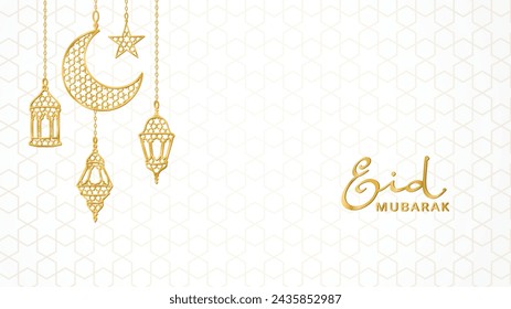 Ramadan golden decoration. Hanging lanterns, crescent, stars. Islamic celebration background. Traditional eastern ornaments, lamps on white. Muslim holidays garland. Eid calligraphy. Vector