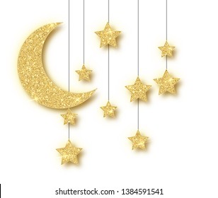 Ramadan golden decoration isolated on white background. Hanging Crescent Islamic glitter stars. Ramadan Kareem design element isolated. Vector frame for party posters, headers, banners