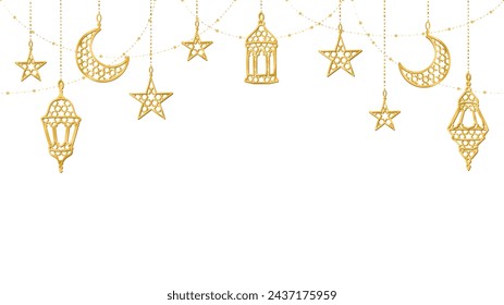 Ramadan golden frame decoration. Hanging lanterns, crescents, stars. Islamic celebration border. Traditional eastern ornaments, lamps isolated on white. Muslim holidays garland. Vector