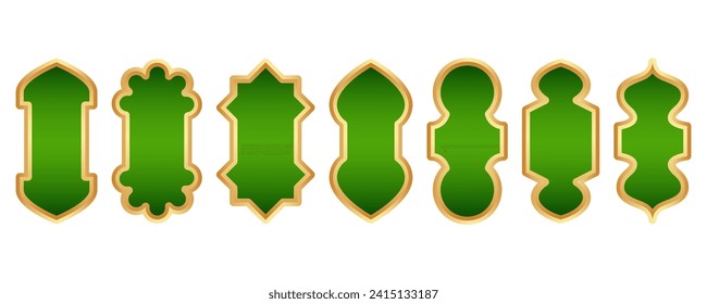 Ramadan golden frame. Islamic window shape. Arabic vector arch. Muslim vintage border for design with green background. Indian decoration in oriental style