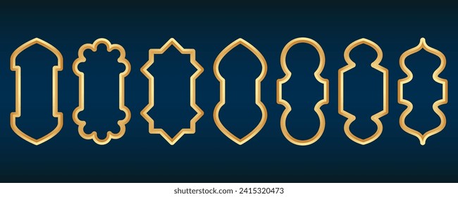 Ramadan golden frame. Islamic window shape. Arabic vector arch. Muslim vintage border for design. Indian decoration in oriental style