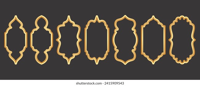 Ramadan golden frame. Islamic window shape. Arabic vector arch. Muslim vintage border for design. Indian decoration in oriental style