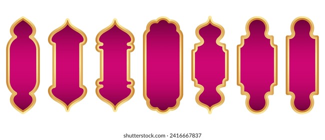 Ramadan golden frame. Islamic window shape. Arabic vector arch. Muslim vintage border for design with pink background. Indian decoration in oriental style