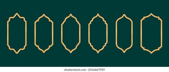 Ramadan golden frame. Islamic window shape. Arabic vector arch. Muslim vintage border for design. Indian decoration in oriental style