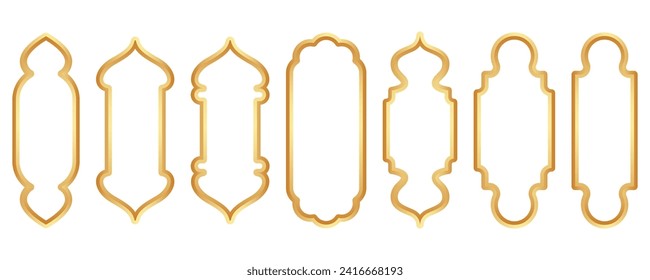 Ramadan golden frame. Islamic window shape. Arabic vector arch. Muslim vintage border for design. Indian decoration in oriental style