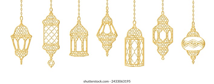 Ramadan golden lanterns decoration. Islamic celebration border. Hanging traditional eastern lamps isolated on white. Muslim holidays garland. Vector