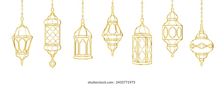 Ramadan golden lanterns decoration. Islamic celebration border. Hanging traditional eastern lamps isolated on white. Muslim holidays garland. Vector