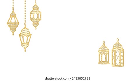 Ramadan golden lanterns decoration. Islamic celebration background. Hanging traditional eastern lamps isolated on white. Muslim holidays frame. Vector