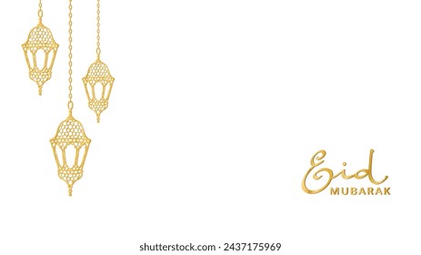 Ramadan golden lanterns decoration. Islamic celebration frame. Hanging traditional eastern lamps isolated on white. Muslim holidays background. Eid calligraphy. Vector