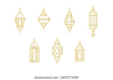 Ramadan golden lanterns symbols. Islamic celebration line icons. Traditional eastern lamps isolated on white. Muslim holidays decoration. Vector.