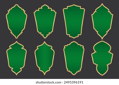 Ramadan golden shapes. Islamic and Indian arch Arabic design elements with green background. Luxury vector badge for Muslim banner and Turkish oriental windows set