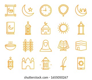 Ramadan gradient style icon set design, Islamic muslim religion culture belief religious faith god spiritual meditation and traditional theme Vector illustration