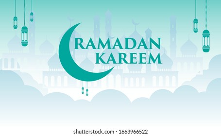Ramadan-Grafik-Design mit Wolken, Moschee-Silhouetten und Laternen