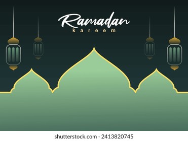 Ramadan green mosque Ramadan background,hanging lanterns, vector flat line design