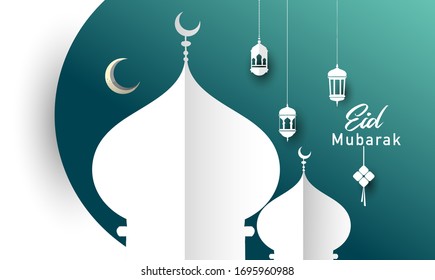 Ramadan greeting with background, Elegant element design with paper art style for design template, place for text greeting card for happy eid mubarak.