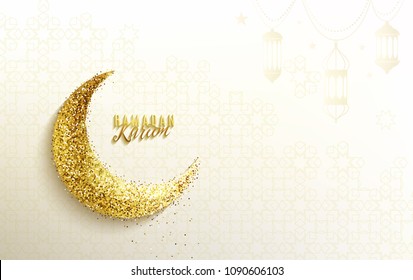 Ramadan greeting banner with glitter islamic crescent, golden paper moon, text lettering greeting sign, arabian pattern on white backdrop with light effect. Vector illustration