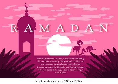 Ramadan greeting with camel, Islamic greeting card for Ramadan Kareem. Vector