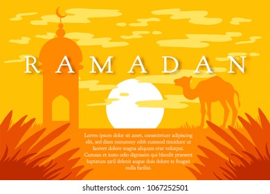 Ramadan greeting with camel, Islamic greeting card for Ramadan Kareem. Vector