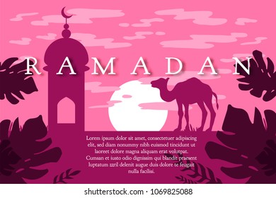 Ramadan greeting with camel, Islamic greeting card for Ramadan Kareem. Vector