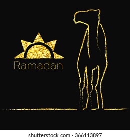 Ramadan greeting with camel, Islamic greeting card for Ramadan Kareem with gold glitters Vector 